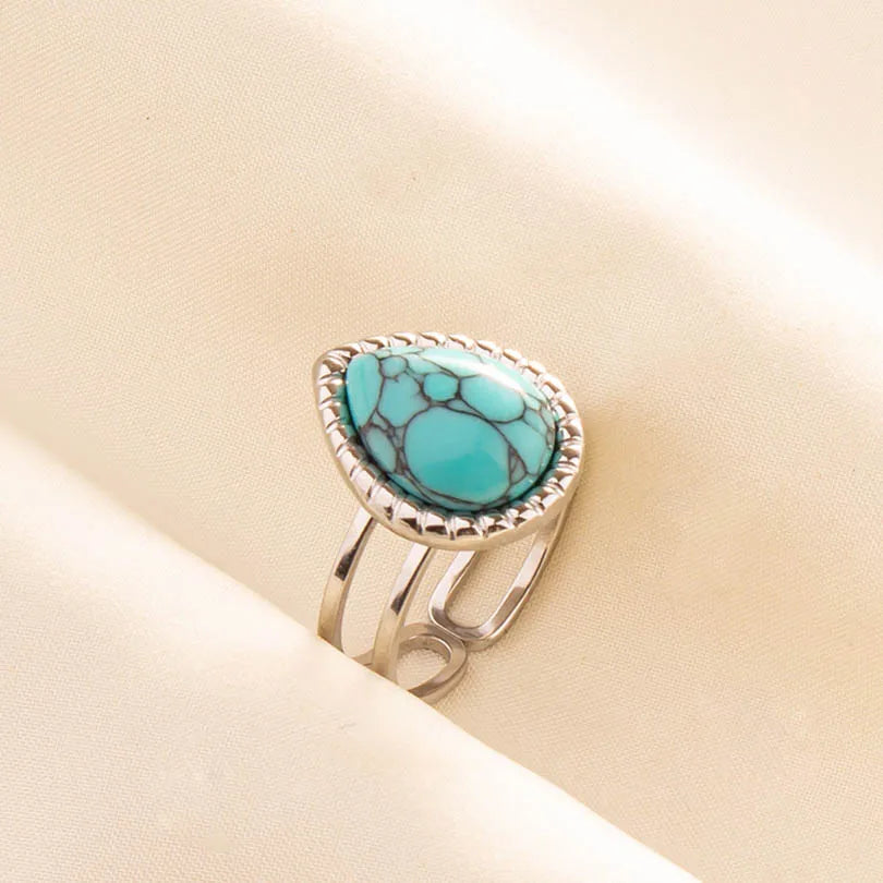 1pc Boho Turquoise Ring Stainless Steel Light Blue Gemstone Silver Adjustable Ring