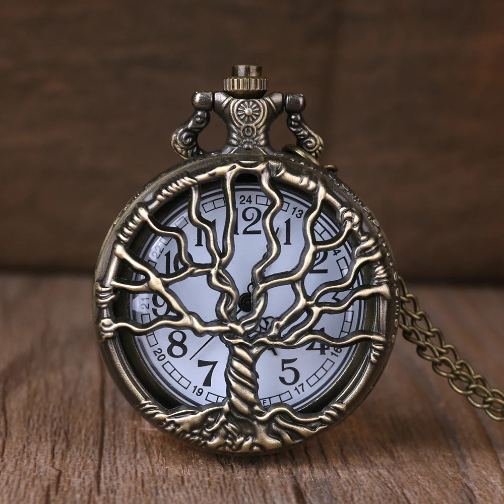Vintage Hollow Tree Pocket Watch Unique Style With Necklace Chain Clock Retro