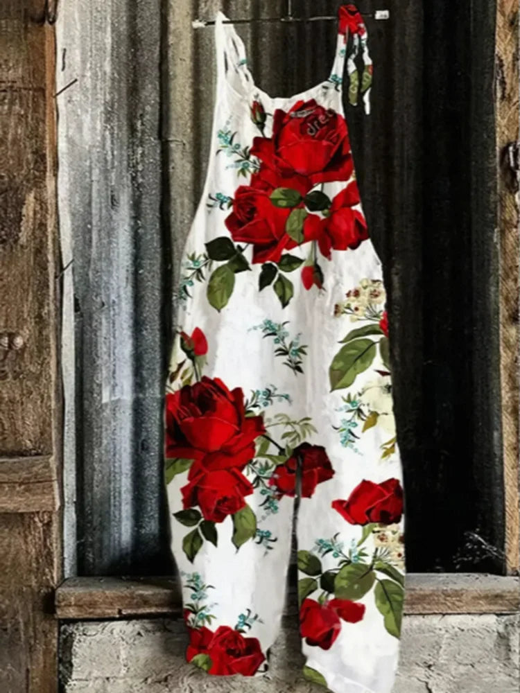 Sizes 1XL-5XL  Floral Print Sleeveless, Casual, V-Neck, Lace-Up Straps Jumpsuit
