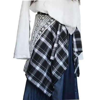 Sporty Street Style with Ruffle and Bow Tie Asymmetrical Hankie Hemline Elastic Waist, Plaid Patterned Skirt--Sizes 58 Centimeter Waist