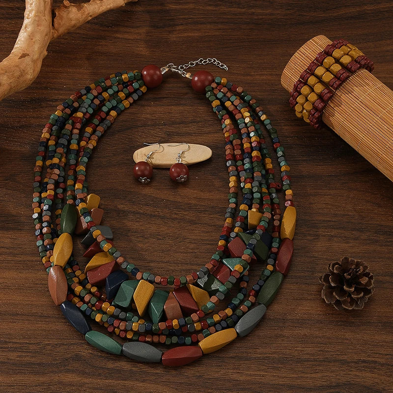 Multi-layered Boho Beaded Necklace Handmade Wooden Beads Necklace Earrings Bracelet Jewelry Set