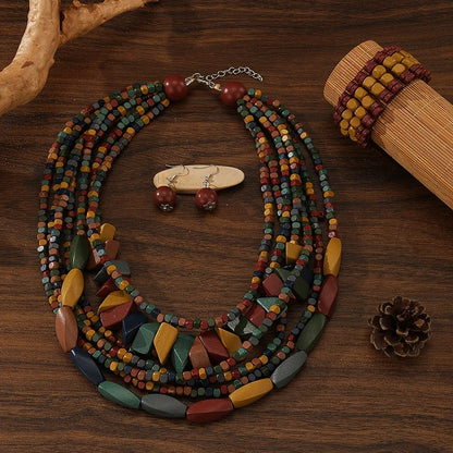 Multi-layered Boho Beaded Necklace Handmade Wooden Beads Necklace Earrings Bracelet Jewelry Set