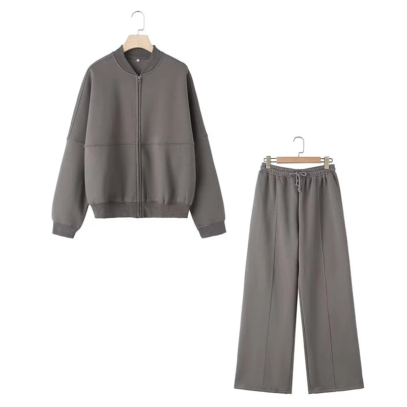 Warm 2 Piece Sweatsuits, Thick Fleece, Zipper Jacket, Batwing Sleeves, Clean Lines