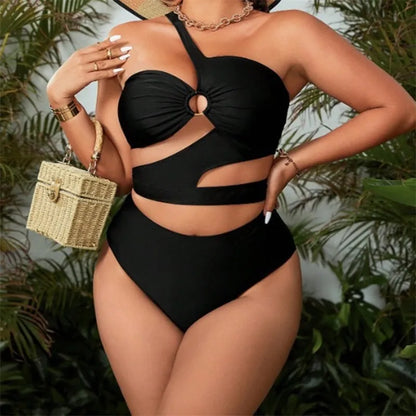 Sizes to 4XL One Shoulder Cut Out Black Swimsuit Curvy Female Bikini Sets
