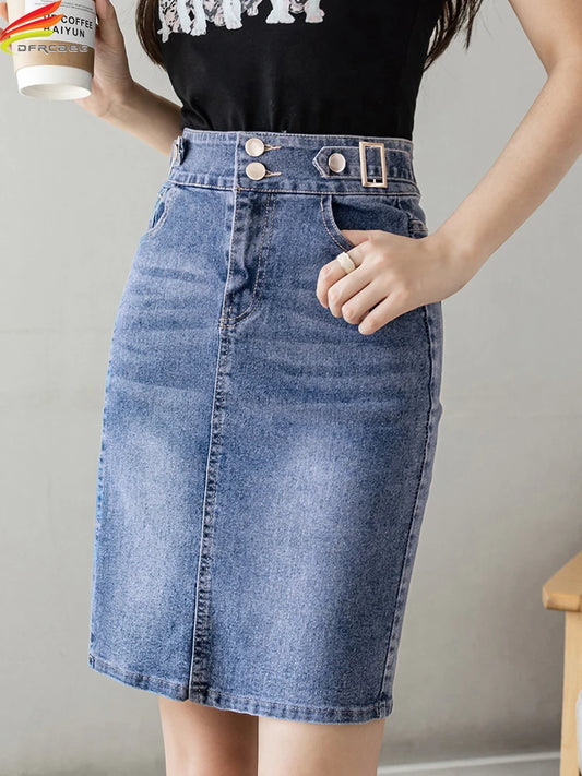 Plus Sizes to 5XL Denim Skirt with Zipper and Button Closure and Pockets.  Comes in Denim blue and Faded Denim Black