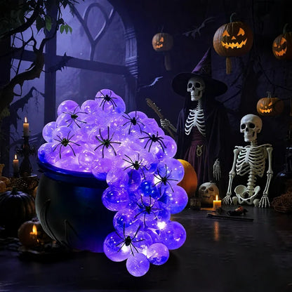 Indoor Halloween DIY Bubbling Witch Cauldron. Consists of 1 witch cauldron, cotton filling, 40 clear balls, and a string of twinkling lights, glue, and 10 simulated spiders.