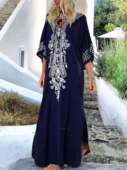 Embroidered 3/4 Sleeve Cotton Kaftan Swimsuit Cover Up Lounging Robe . 14 Designs
