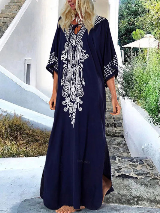 Embroidered 3/4 Sleeve Cotton Kaftan Swimsuit Cover Up Lounging Robe . 14 Designs