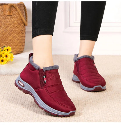 Waterproof Plush, Warm Ankle Snow Boots in Red, Black, Blue, Green, and Tan.