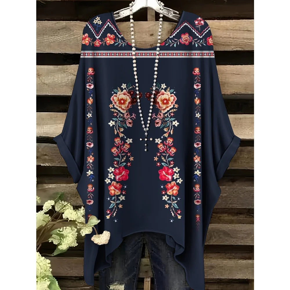30 Different Style Bohemian Floral Tunics Plus Size to 3XL, 30 Vibrant Colors, Open Round Neck, Hankie Hem, Loose baggy sleeves