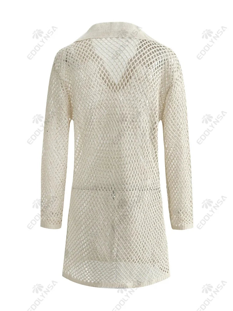 Solid Color Beach Knit Mini Dress, Long Sleeve Swimsuit Cover Up, Boho Holiday Loose Overwear