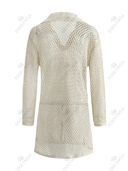 Solid Color Beach Knit Mini Dress, Long Sleeve Swimsuit Cover Up, Boho Holiday Loose Overwear