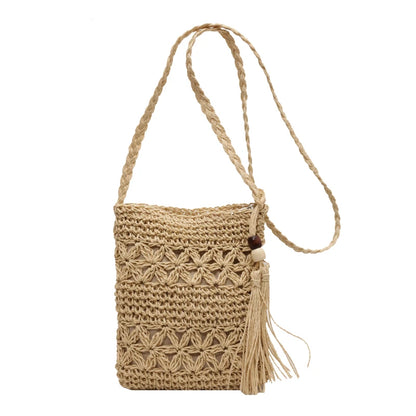 Boho Woven Straw Crossbody Shoulder Bag with Fringe