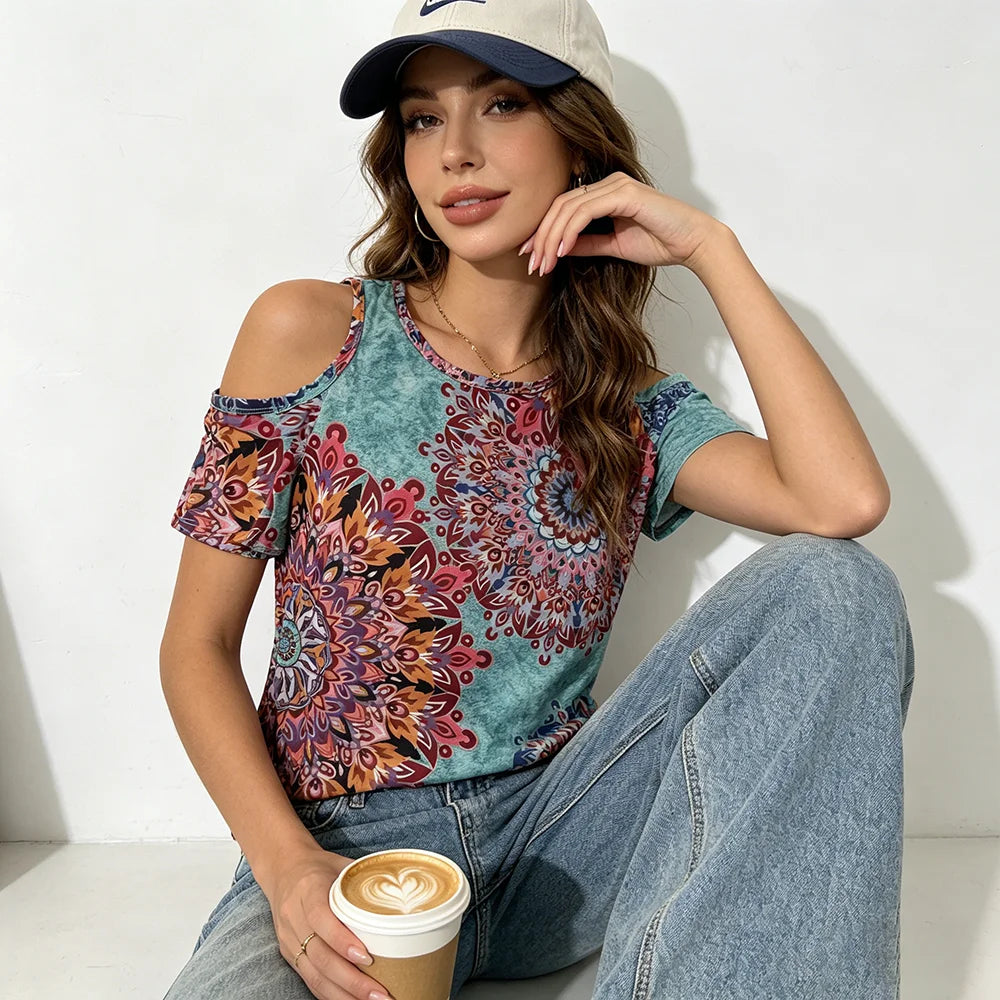 Bohemian Mandala Open Shoulder T-Shirt, Casual, Geometric Print, Short Sleeve, Loose Fit