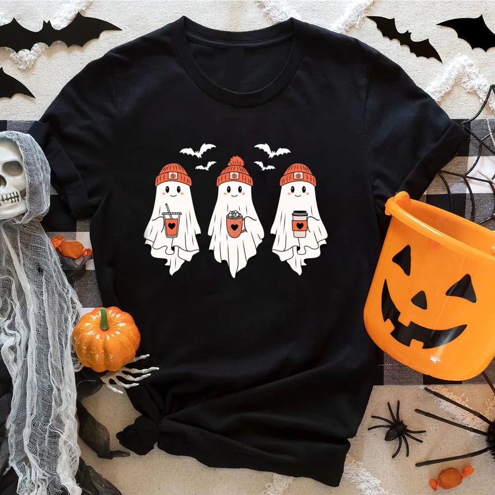 Cute Ghost Halloween T-Shirt, Short Sleeves. In Orange, Black, and White