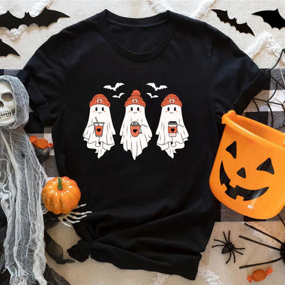 Cute Ghost Halloween T-Shirt, Short Sleeves. In Orange, Black, and White