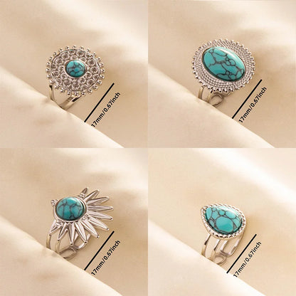 1pc Boho Turquoise Ring Stainless Steel Light Blue Gemstone Silver Adjustable Ring