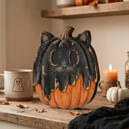 Halloween Interior Autumn Decorations, Retro Wooden Blocks, Shelf Decoration: Ghosts Black Cats, Pumpkins, Skeleton's Witch