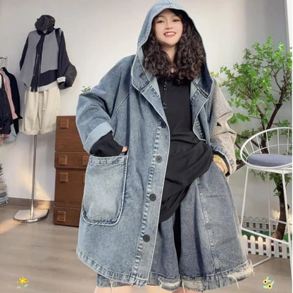 Long Oversized Loose Vintage Denim Jackets With Deep Pockets in Faded Washed Blue and Black