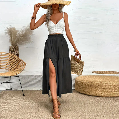 Bohemian Midi Skirt, High Waisted, Solid Colors, Casual with Side Slit, 3 Colors