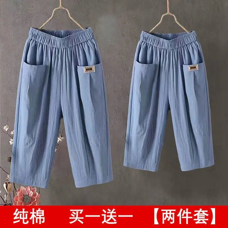 Cotton Linen Cropped 3/4 Length Pants, Loose, Linen with Elastic Waist and Pockets