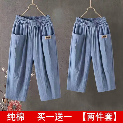 Cotton Linen Cropped 3/4 Length Pants, Loose, Linen with Elastic Waist and Pockets