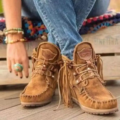 Lace-Up Boho Brushed Denim Ankle Boots with Ties and Tassels