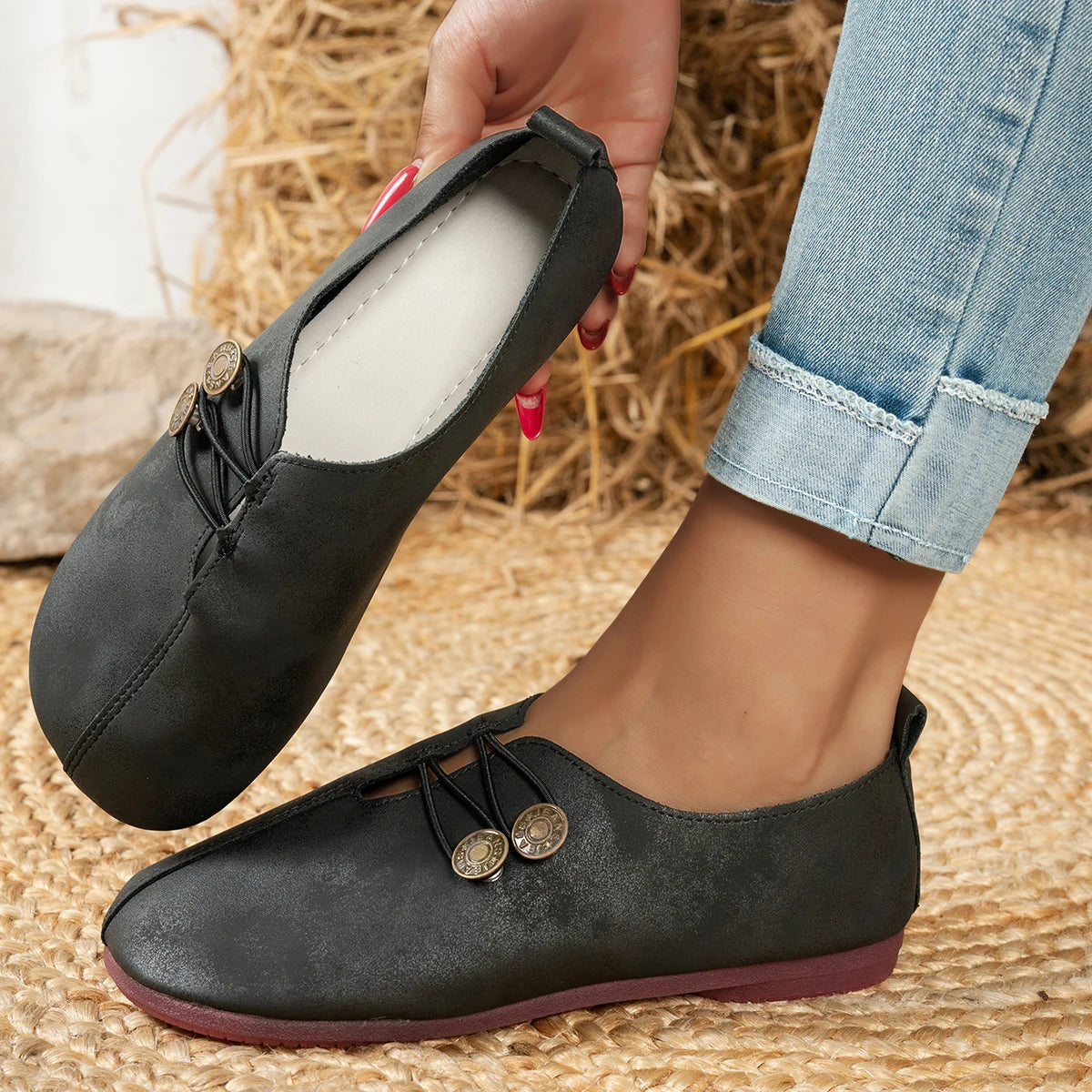 Vintage Button Flat Shoes | Soft Sole Square Toe Slip-on Loafers | Comfy Casual Walking Shoes