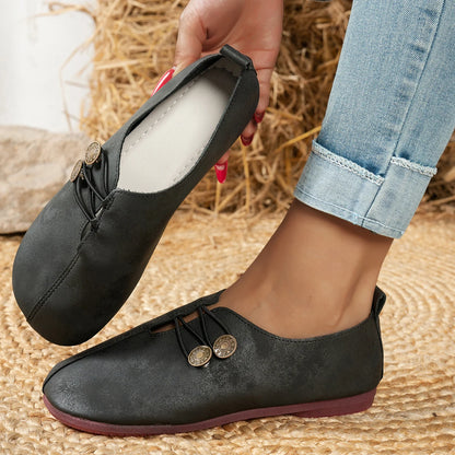 Vintage Button Flat Shoes | Soft Sole Square Toe Slip-on Loafers | Comfy Casual Walking Shoes