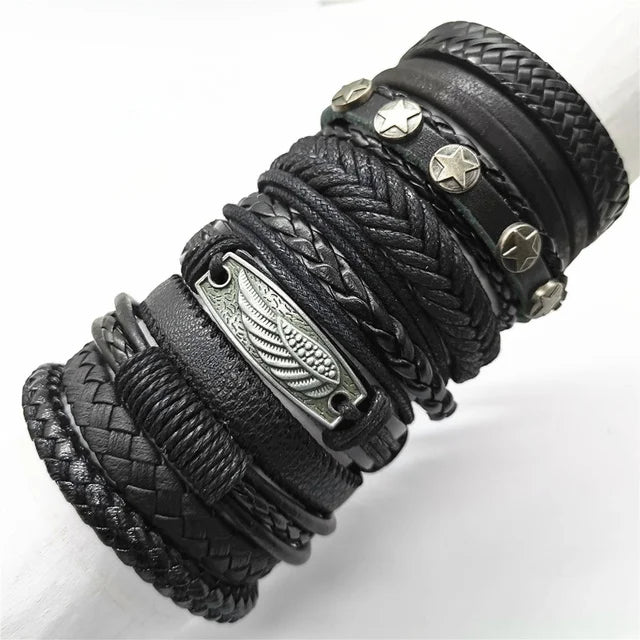 10 Pcs/set Black Wrapped and Woven Handmade Bracelets Male or Women Leather Bracelets