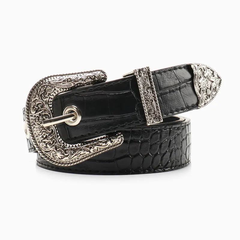 Gothic Retro Western Style Etched PU Leather with Metal Pin Buckle and End Caps