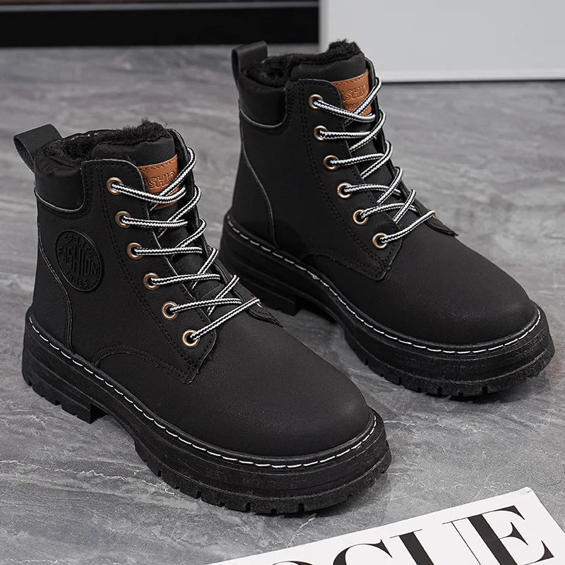 High Top Work Boots, Thick Soled, Lace-Up, Anti-Slip Warm Waterproof Women's Boots in Black and Marigold
