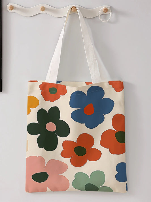 Flower pattern printed casual tote bag, reusable, fashionable, multifunctional handbag, canvas shopping bag