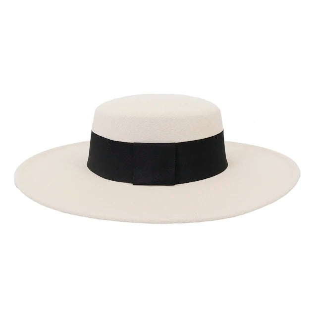 French Wide Brim Women's Fedora Wool Hat  Flat Top Felt in Marigold, White, and Black.