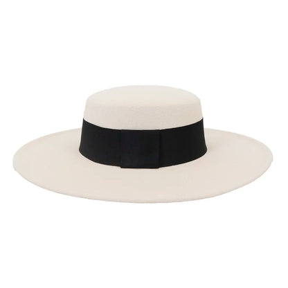 French Wide Brim Women's Fedora Wool Hat  Flat Top Felt in Marigold, White, and Black.