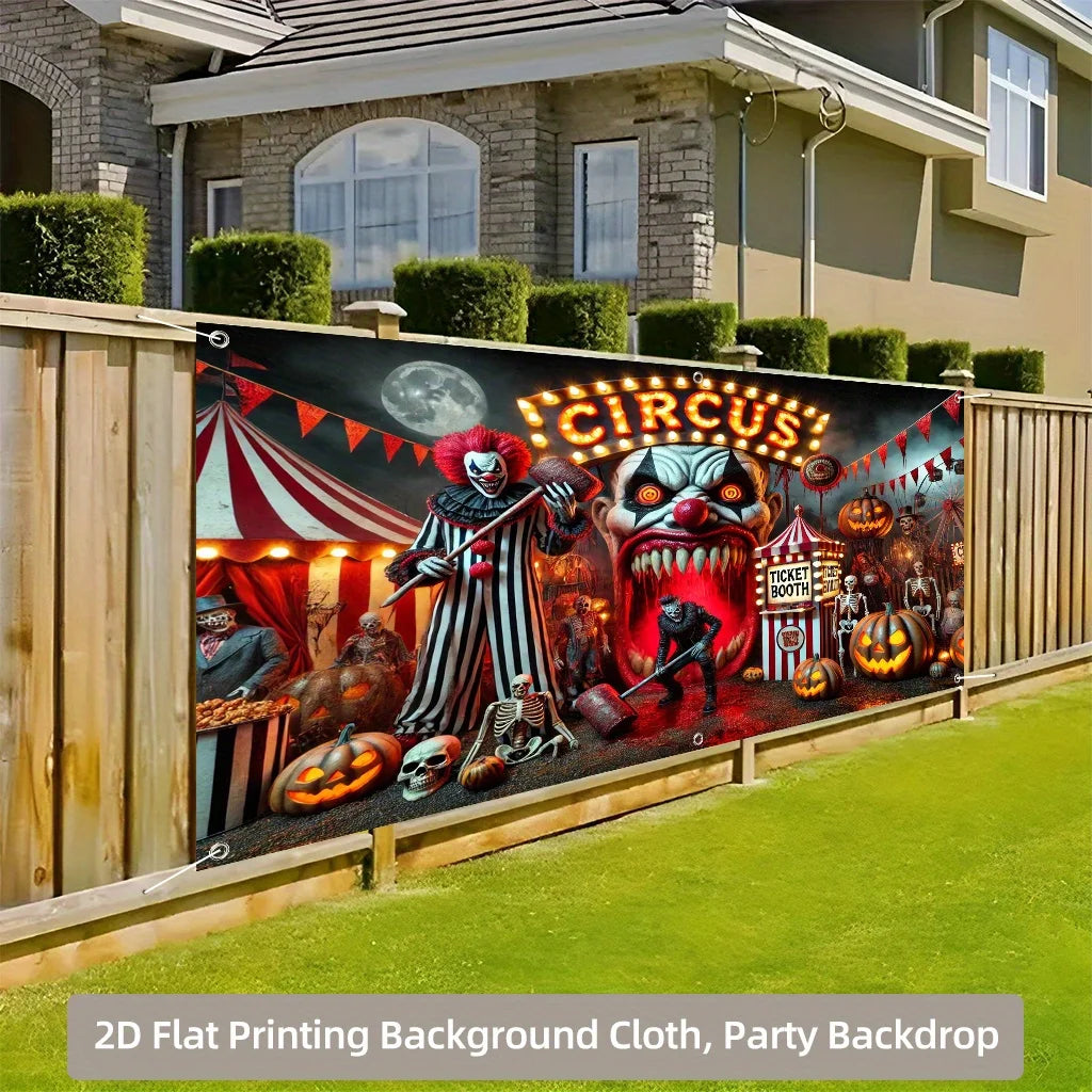 Graphic Printed Heavy Cloth Backdrop, Horror Clown Circus Scene, Polyester Garage Door Backdrop, Washable and Reusable