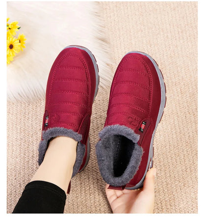 Waterproof Plush, Warm Ankle Snow Boots in Red, Black, Blue, Green, and Tan.