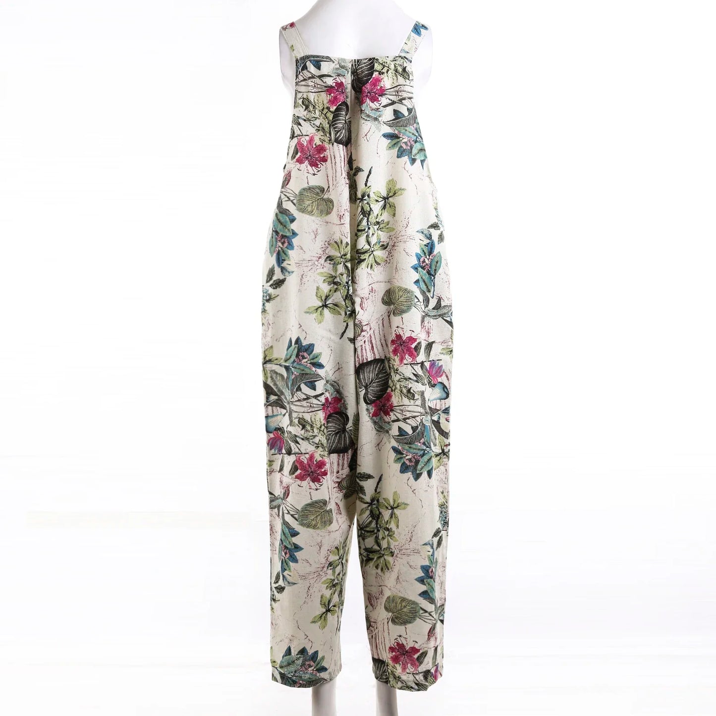 S-3XL Cotton and Linen Jumpsuit Square Neck Sleeveless with Adjustable Straps Casual Loose Overalls with Pockets