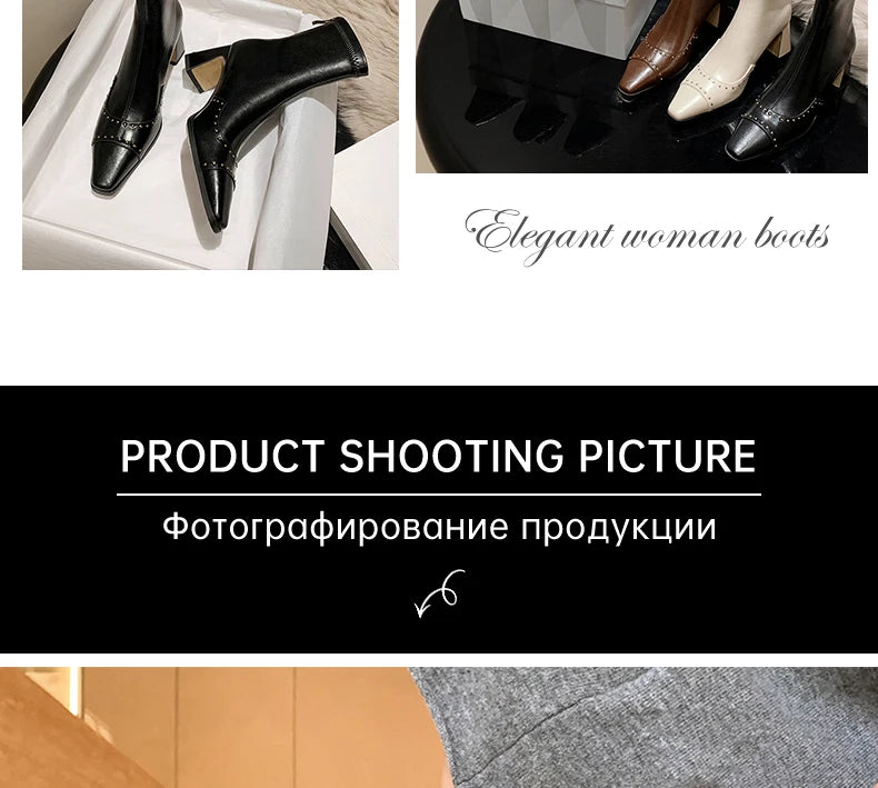 Rivetted Boots with Square Toes and Chunky Heels. Over the Ankle Stretch Tops