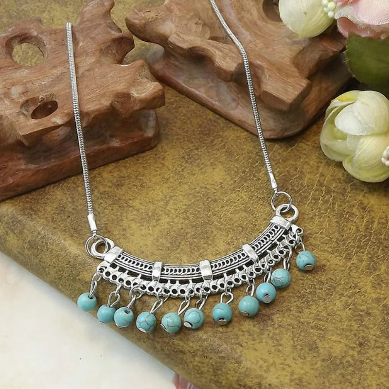 Retro Ethnic Blue Turquoise Bead Tassel Necklace Simple and Versatile Collarbone Chain Tibetan Jewelry