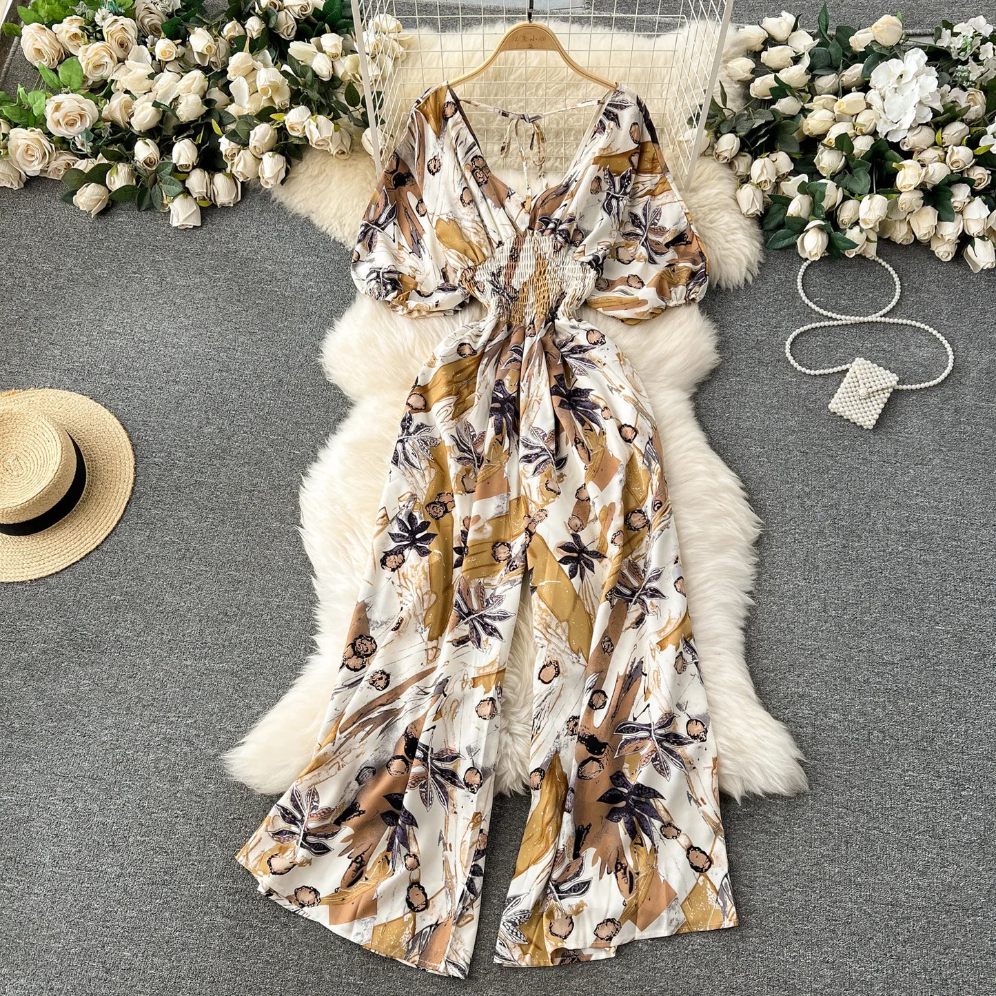 V Neck Dolman Sleeves Slim Waisted Floral and Polka Dot Print Jumpsuit with Wide Legs