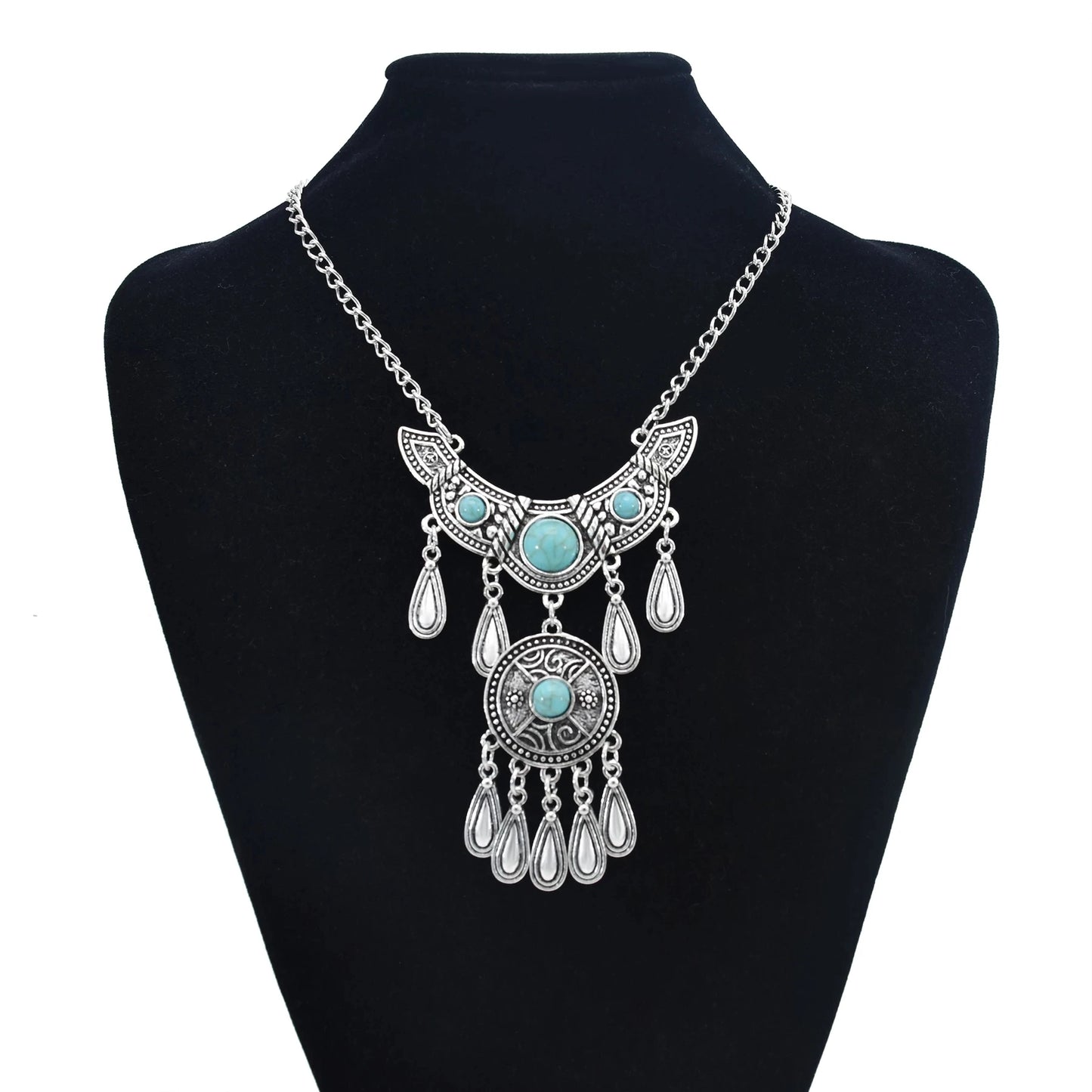 Bohemian Black Blue Stones, Coin tassel Necklace Turkish Gypsy Boho