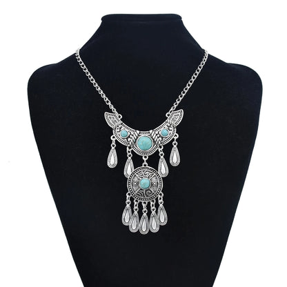 Bohemian Black Blue Stones, Coin tassel Necklace Turkish Gypsy Boho