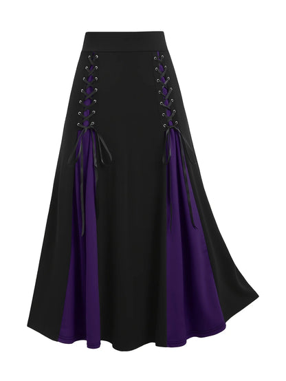 Sizes to 5XL in Red and Purple Accents, European and American fashion, lace-up high waisted A-line skirt