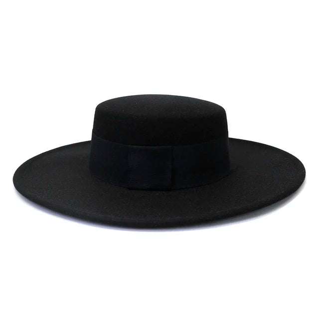 French Wide Brim Women's Fedora Wool Hat  Flat Top Felt in Marigold, White, and Black.