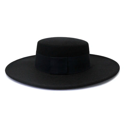 French Wide Brim Women's Fedora Wool Hat  Flat Top Felt in Marigold, White, and Black.