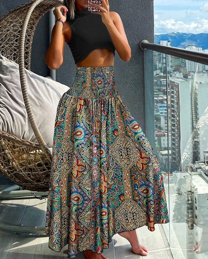 8 Designs of Long Paisley Print Flowy Boho Skirt With Tall Elastic Waist