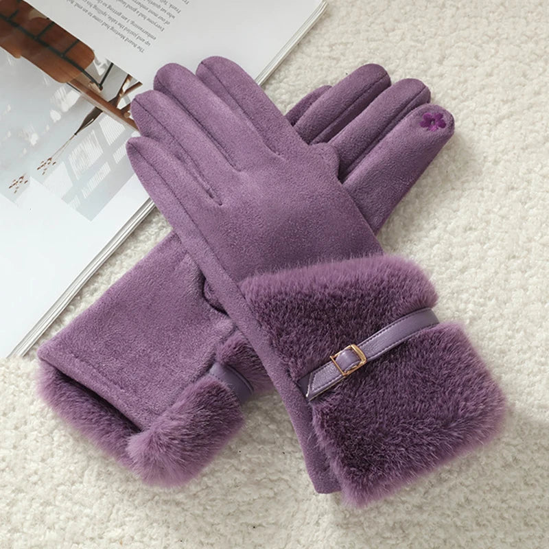 Warm Gloves Fleece Lined Windproof Cold-Resistant Touchscreen Compatible with Plush Decoration