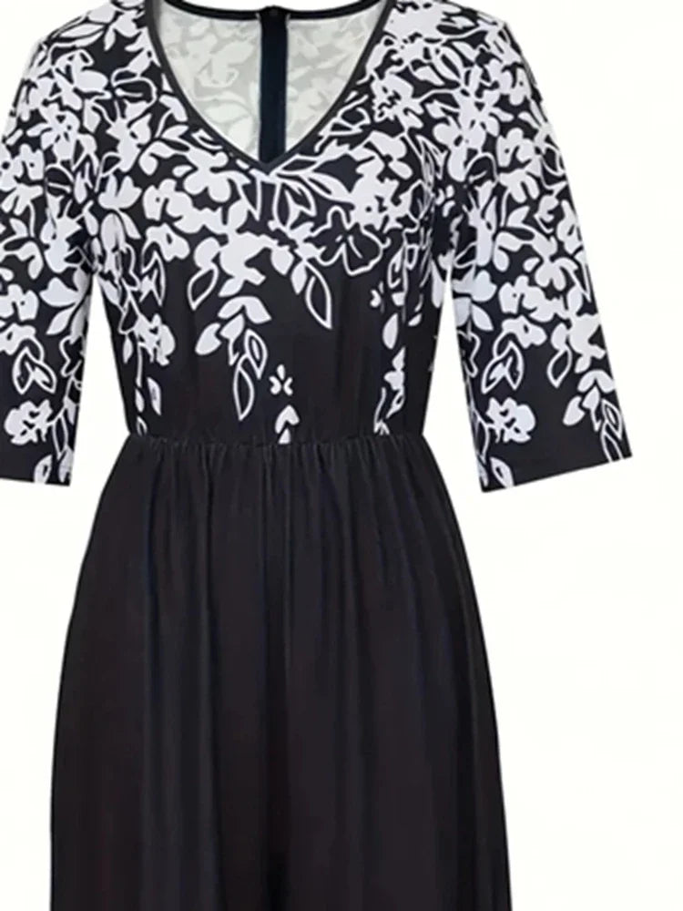 Plus Size 1XL-5XL  Short Sleeve Printed Jumpsuit, V-Neck, Pockets, Floral Print on Top
