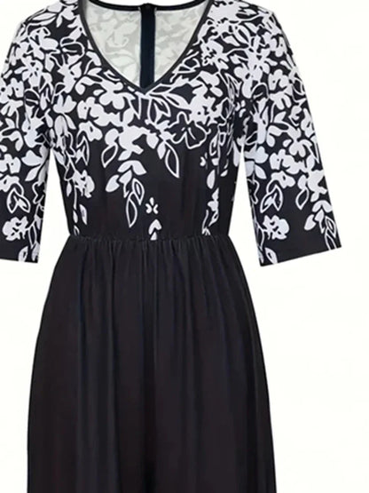 Plus Size 1XL-5XL  Short Sleeve Printed Jumpsuit, V-Neck, Pockets, Floral Print on Top